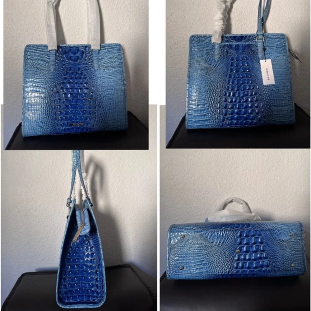NWT BRAHMIN TIA ELECTRIC BLUE OMBRE MELBOURNE CROC-EMBOSSED LEATHER SATCHEL‎